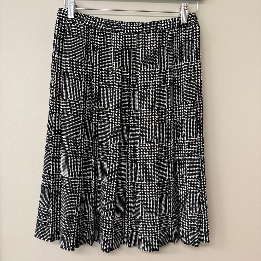 Vintage Adolfo Womens Silk Houndstooth Pleated Skirt Size Medium Black White - Picture 1 of 8